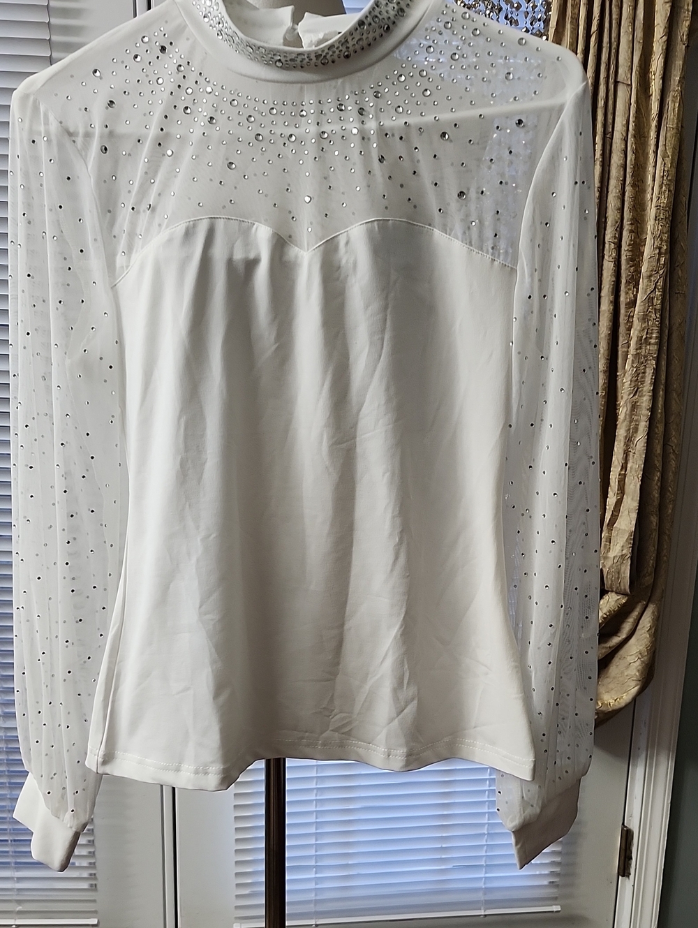 CBR White Rhinestone-Embellished Sheer Yoke Long-Sleeve Top
